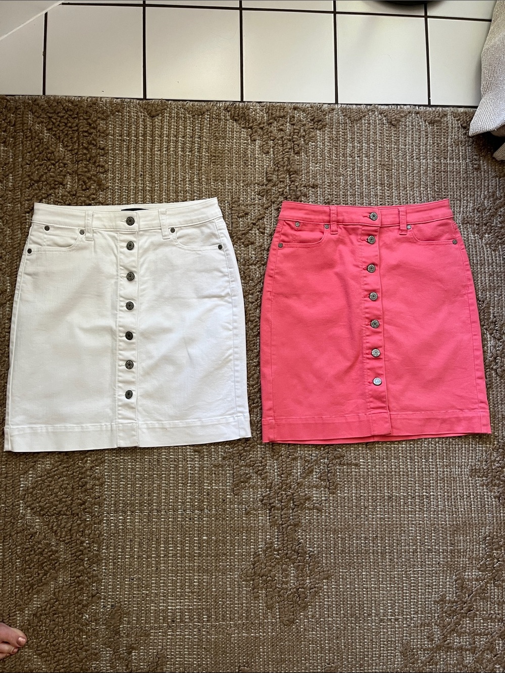 Two Talbots denim skirts. Size 2P in white and coral. Pencil skirts